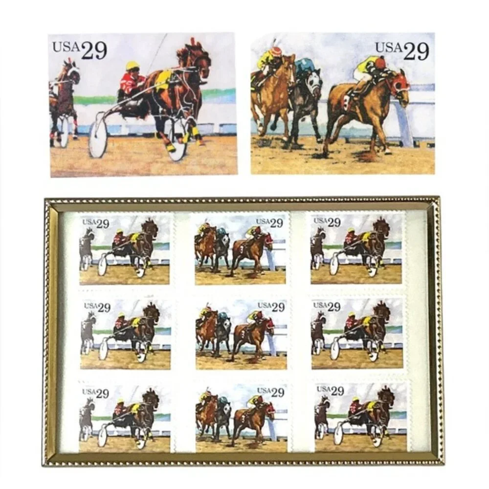 1993 Sporting Horses Harness Racing 29c Stamp Sheet of 9 in Gold Frame Stamp Art